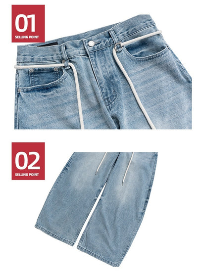 Retro Trousers Same Washed Vintage Washed Jeans With Drawstring Belt