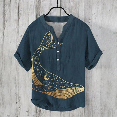 Printed V-neck Men's 3 Breasted Pullover Short Sleeve Shirt