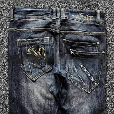Spring And Autumn Washed Old Embroidered Jeans All-matching Flared Pants